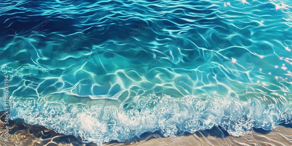 Naklejka premium Clear blue water waves create a stunning background, showcasing the mesmerizing beauty of the coastline. The clear blue water and gentle waves provide a tranquil coastal scene for all to enjoy.