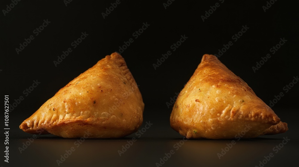 Two golden, crispy samosas on a dark background, showcasing their triangular shape. Two golden, crispy samosas on a dark background, showcasing their triangular shape.