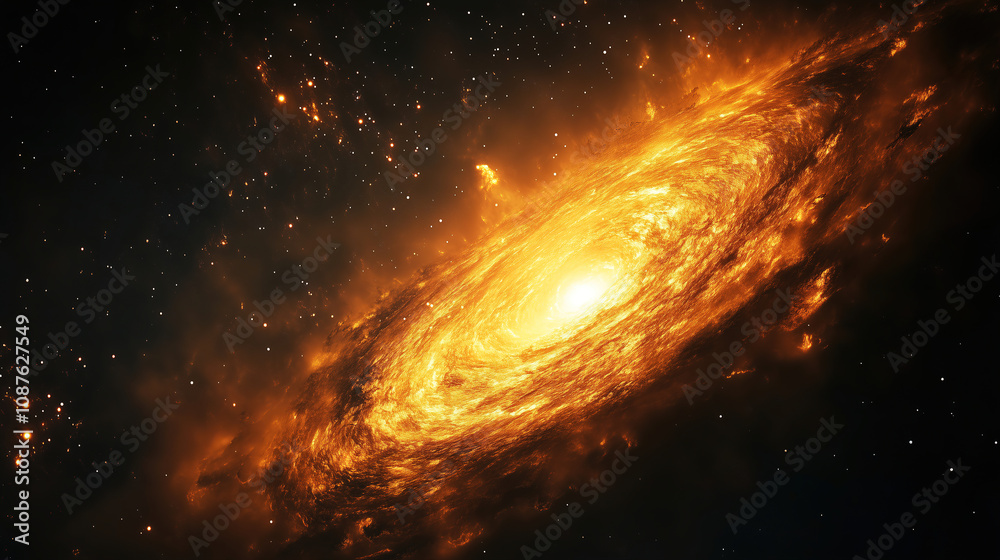 Explore the beauty of a fiery galaxy swirling in the deep cosmos with bright stars in a stunning night sky. Generative AI Explore the beauty of a fiery galaxy swirling in the deep cosmos with bright stars in a stunning night sky. Generative AI