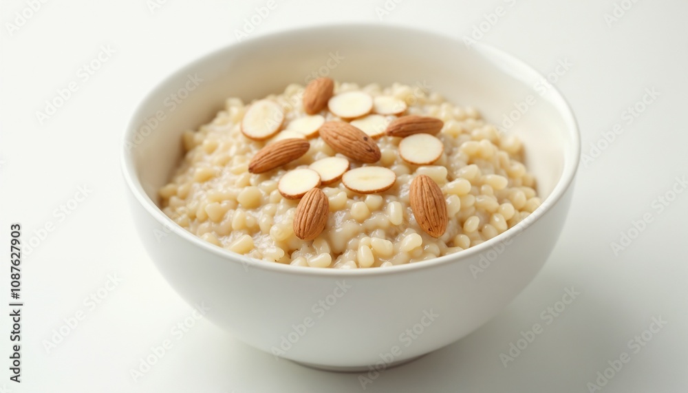 Creamy amaranth porridge with sliced almonds in a bowl Creamy amaranth porridge with sliced almonds in a bowl