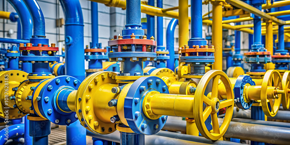 Industrial piping system featuring blue and yellow valves and fittings, showcasing an intricate arrangement of pipes and controls. Industrial piping system featuring blue and yellow valves and fittings, showcasing an intricate arrangement of pipes and controls.