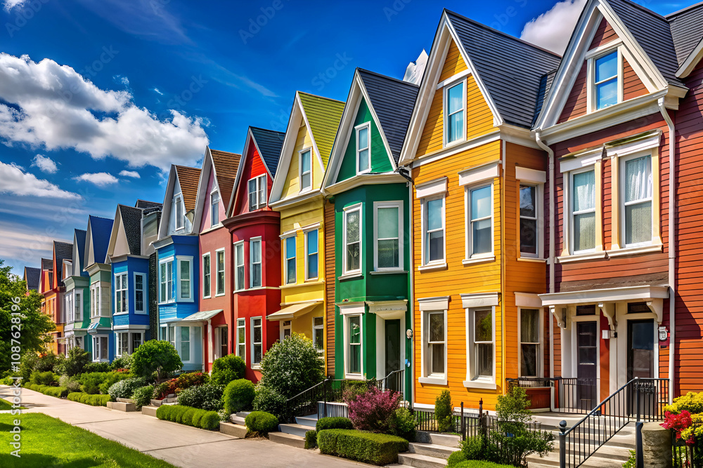 A vibrant row of colorful houses with distinct architectural styles under a bright blue sky. A vibrant row of colorful houses with distinct architectural styles under a bright blue sky.