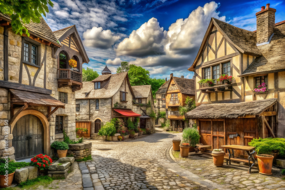 Obraz premium A picturesque village scene featuring cobblestone streets, charming timber-framed houses, vibrant flowers, and a dramatic sky.
