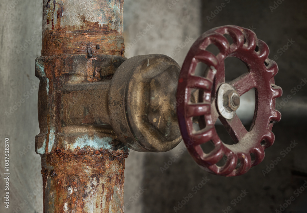 A corroded water supply valve and Old rusty plumbing. Old rust water control valve and old steel pipe in large water systems for Residential water supply, Copy space, Selective focus.