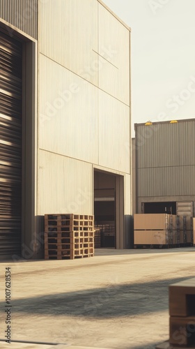 The simple warehouse design features stacked containers and pallets for efficient loading