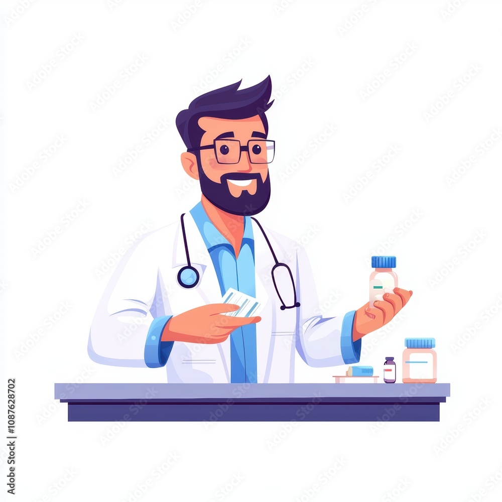 Design a pharmacist organizing and dispensing prescriptions, offering advice on medication usage at a bustling pharmacy Design a pharmacist organizing and dispensing prescriptions, offering advice on medication usage at a bustling pharmacy
