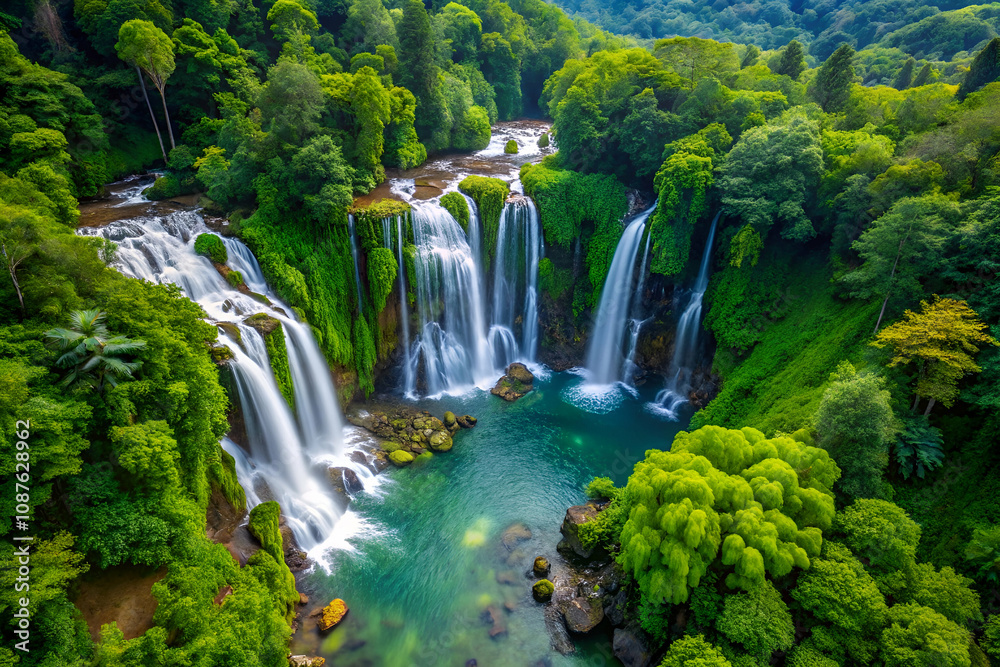 A stunning aerial view of cascading waterfalls surrounded by lush greenery, creating a serene and picturesque natural landscape. A stunning aerial view of cascading waterfalls surrounded by lush greenery, creating a serene and picturesque natural landscape.