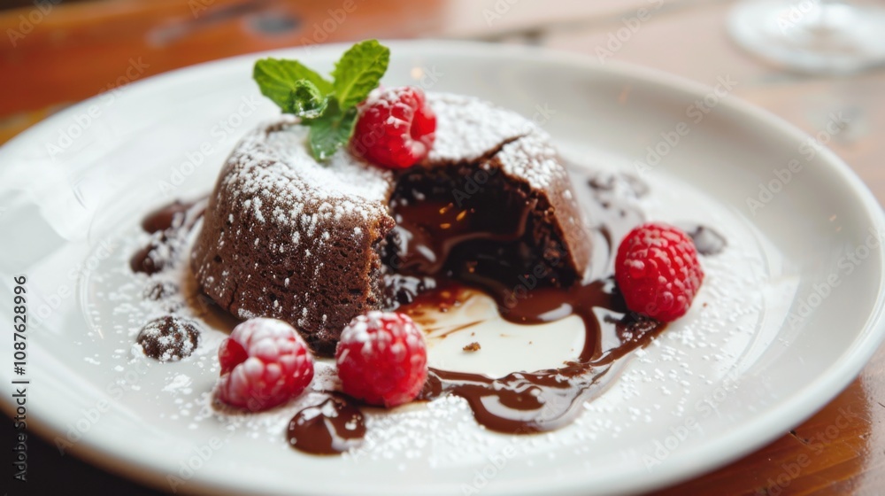 A decadent chocolate lava cake oozing with melted chocolate, served on a white plate dusted with powdered sugar A decadent chocolate lava cake oozing with melted chocolate, served on a white plate dusted with powdered sugar