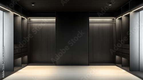 Design an empty walkin closet interior with dark wooden panels, a fulllength mirror, and ambient recessed lighting photo