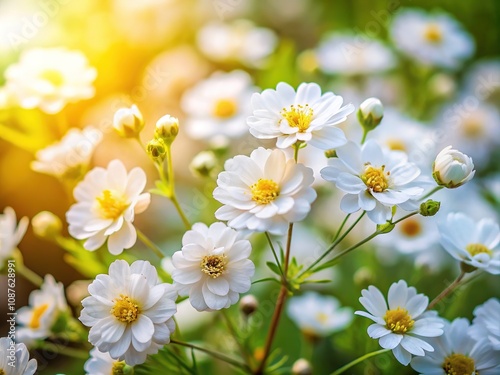 Softly blooming white flowers grace a serene natural landscape, inviting tranquility and harmony. Their delicate beauty enhances the peaceful ambiance of the surroundings.