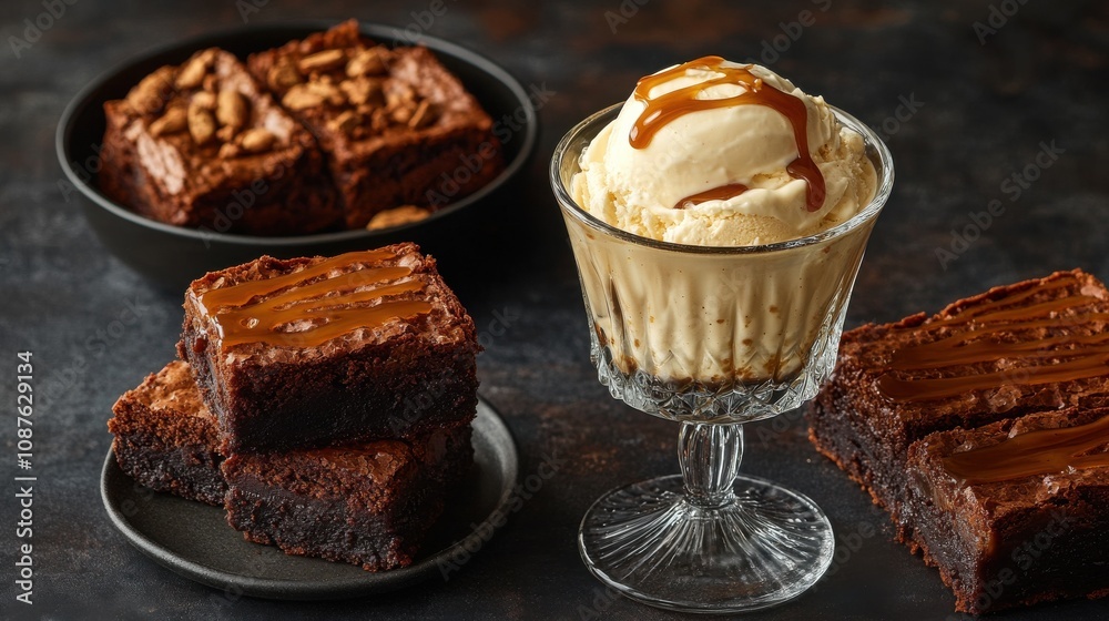 Coffee and Bakery Experience. Delicious Dessert Presentation with Ice Cream and Brownies Coffee and Bakery Experience. Delicious Dessert Presentation with Ice Cream and Brownies