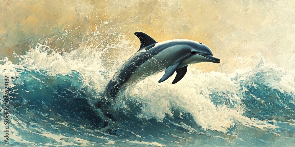 Fototapeta premium Dolphin gracefully swims, creating a beautiful splash of water. The dynamic movement of the dolphin captures the essence of playful aquatic life as it swims amidst the waves.