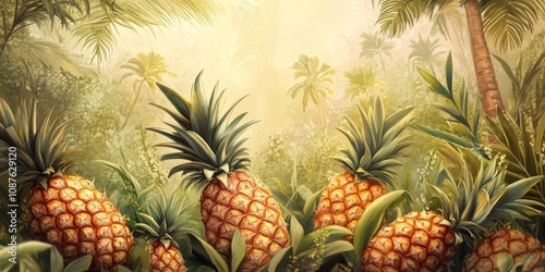 Fresh pineapples are vibrant tropical fruits thriving in a lush garden setting. This image showcases fresh pineapples surrounded by a natural background, emphasizing their allure as tropical fruits. photo