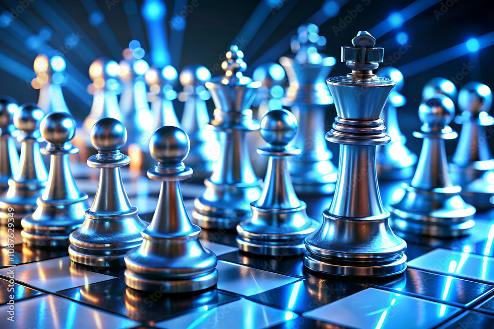 A vibrant, digital depiction of chess pieces, emphasizing the king and pawns, set against a glowing background that enhances the game's strategic essence. A vibrant, digital depiction of chess pieces, emphasizing the king and pawns, set against a glowing background that enhances the game's strategic essence.