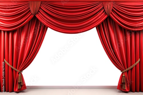 Sophisticated red curtain trim on a pristine white background creates a striking combination, ideal for inspiring breathtaking interior design and exceptional event décor ideas. photo