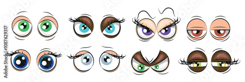 Set of different eye expressions in cartoon style. Vector illustration of cute, surprised, sly, angry, squinting eyes isolated on white background.Green, blue, purple, brown, gray eyes with eyelashes.