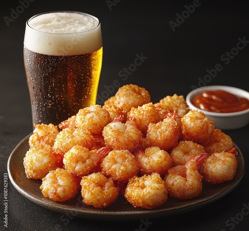 A cold glass of wheat beer beside a plate of crunchy fried shrimp, isolated on a black background with light reflecting off photo