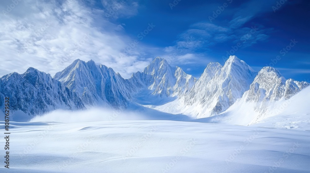 Majestic Winter Mountain Range, Snow Covered Peaks, Blue Sky Majestic Winter Mountain Range, Snow Covered Peaks, Blue Sky