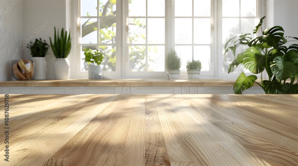 Bright and Modern Kitchen Interior with Wooden Countertop Surrounded by Green Plants, Creating a Fresh and Inviting Atmosphere for Cooking and Gatherings