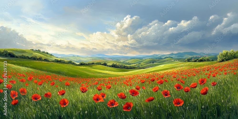 Summer scene featuring a vibrant green field adorned with blooming poppies. This picturesque green field showcases the beauty of summer with its stunning poppies in full bloom. Summer scene featuring a vibrant green field adorned with blooming poppies. This picturesque green field showcases the beauty of summer with its stunning poppies in full bloom.