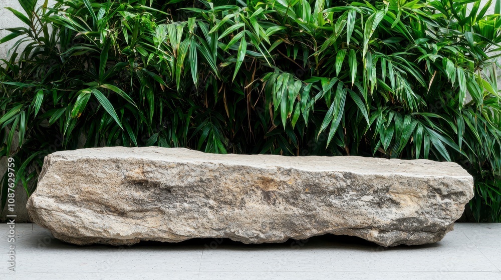 Natural stone bench surrounded by lush green foliage Natural stone bench surrounded by lush green foliage