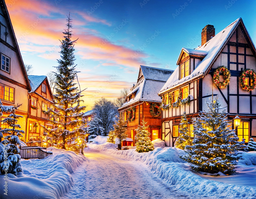 Fototapeta premium Christmas Village in Snow