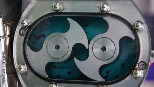 Close-up view of working Bi-wing (or butterfly) water rotary or lobe gear high pressure vacuum pump with blue water and small dark particles. Soft focus. Vertical video. Water system industry theme.