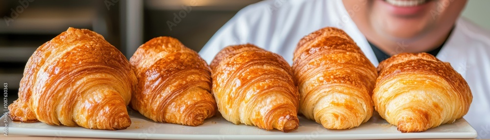 Happy baker showcasing rows of flaky croissants warm lighting and bustling bakery interior emphasizing craftsmanship and hospitality Happy baker showcasing rows of flaky croissants warm lighting and bustling bakery interior emphasizing craftsmanship and hospitality