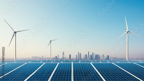 Smart Energy Stock Solutions. Modern City Skyline with Renewable Energy Sources