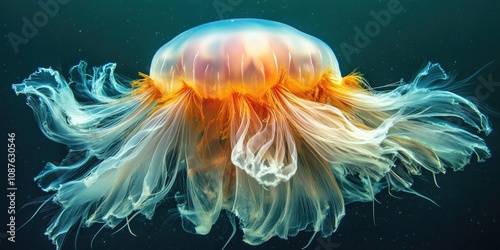 Majestic lion s mane jellyfish, scientifically known as cyanea capillata, gracefully drifts through the water, showcasing the beauty and intrigue of this fascinating lion s mane jellyfish species. photo