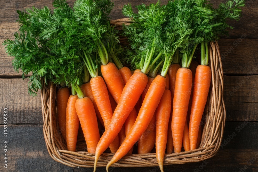 Carrots with green tops are arranged attractively in a woven basket Carrots with green tops are arranged attractively in a woven basket