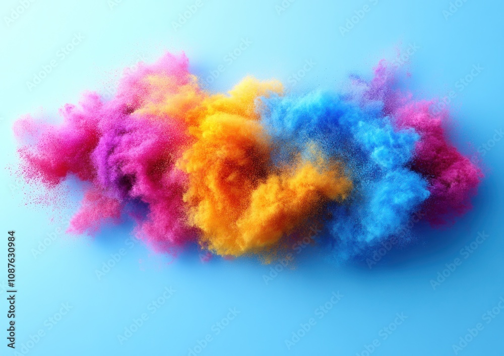 Fototapeta premium A burst of colored powders forms a dynamic cloud against a clear blue backdrop