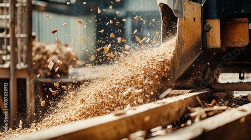 Wood shavings falling from industrial wood chipper machine photo
