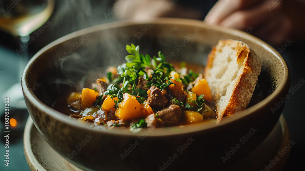 A steaming bowl of hearty autumn stew with root vegetables, tender meat, and fresh herbs, served in a rustic ceramic bowl with a slice of warm bread.