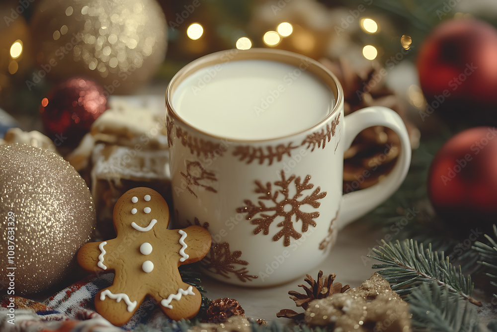 A festive Christmas-themed scene featuring a mug filled with milk and a cheerful gingerbread man leaning on the edge, surrounded by holiday decorations. A festive Christmas-themed scene featuring a mug filled with milk and a cheerful gingerbread man leaning on the edge, surrounded by holiday decorations.