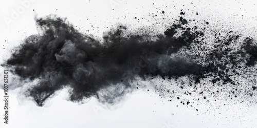 Dynamic freeze motion showcasing a dramatic black dust explosion isolated against a white background, capturing the essence of the black dust explosion in a striking visual representation.