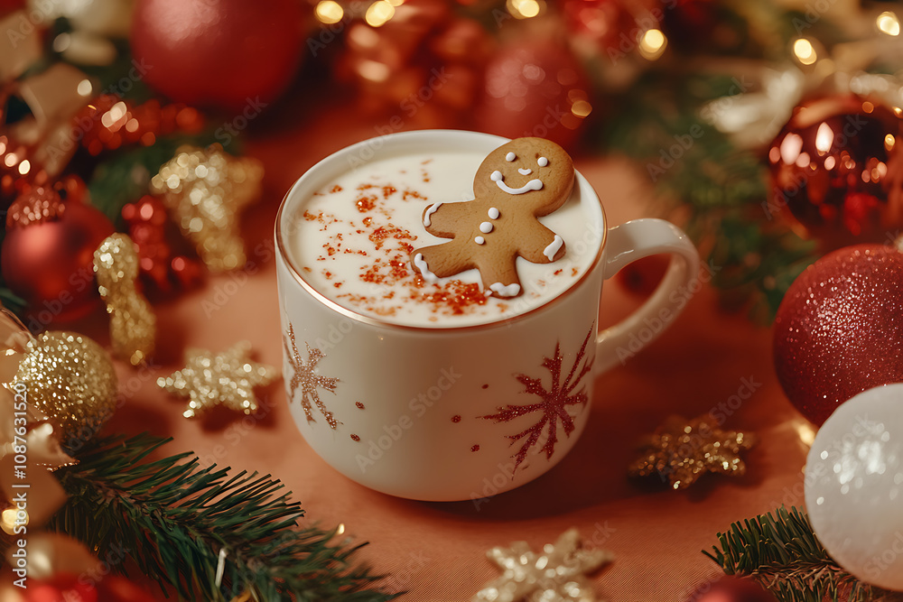A festive Christmas-themed scene featuring a mug filled with milk and a cheerful gingerbread man leaning on the edge, surrounded by holiday decorations. A festive Christmas-themed scene featuring a mug filled with milk and a cheerful gingerbread man leaning on the edge, surrounded by holiday decorations.