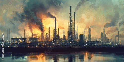 Oil refinery emitting vapor, showcasing the dynamic processes of the petrochemical industry in operation, highlighting the significance of oil refinery visibility in modern industrial landscapes.