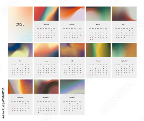 Gradient Calendar for 2025, Vector, Color Template
