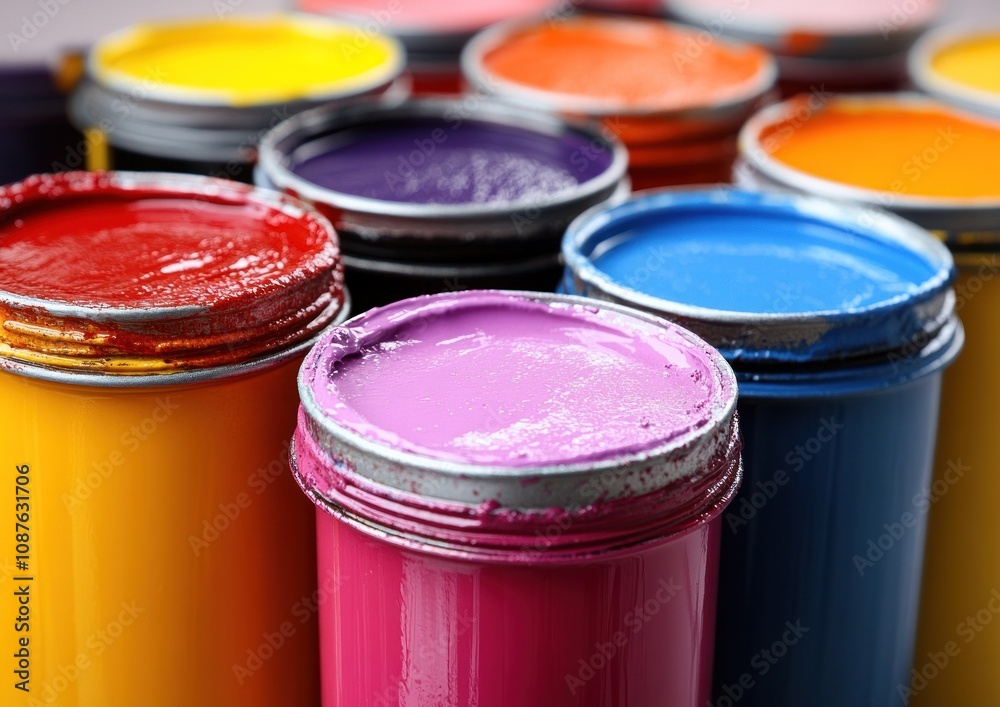 Various paint cans filled with bright colors sit together on a flat surface Various paint cans filled with bright colors sit together on a flat surface