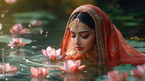 A beautiful depiction of Radha Rani surrounded by lotus flowers, with soft ripples in the water reflecting her serene presence.