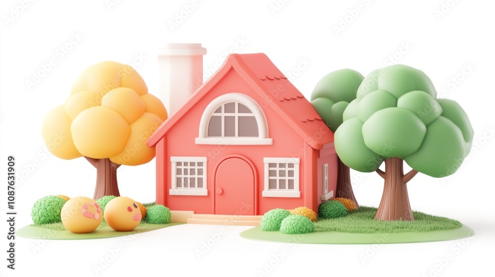 A colorful, cartoonish house surrounded by trees and playful elements. A colorful, cartoonish house surrounded by trees and playful elements.