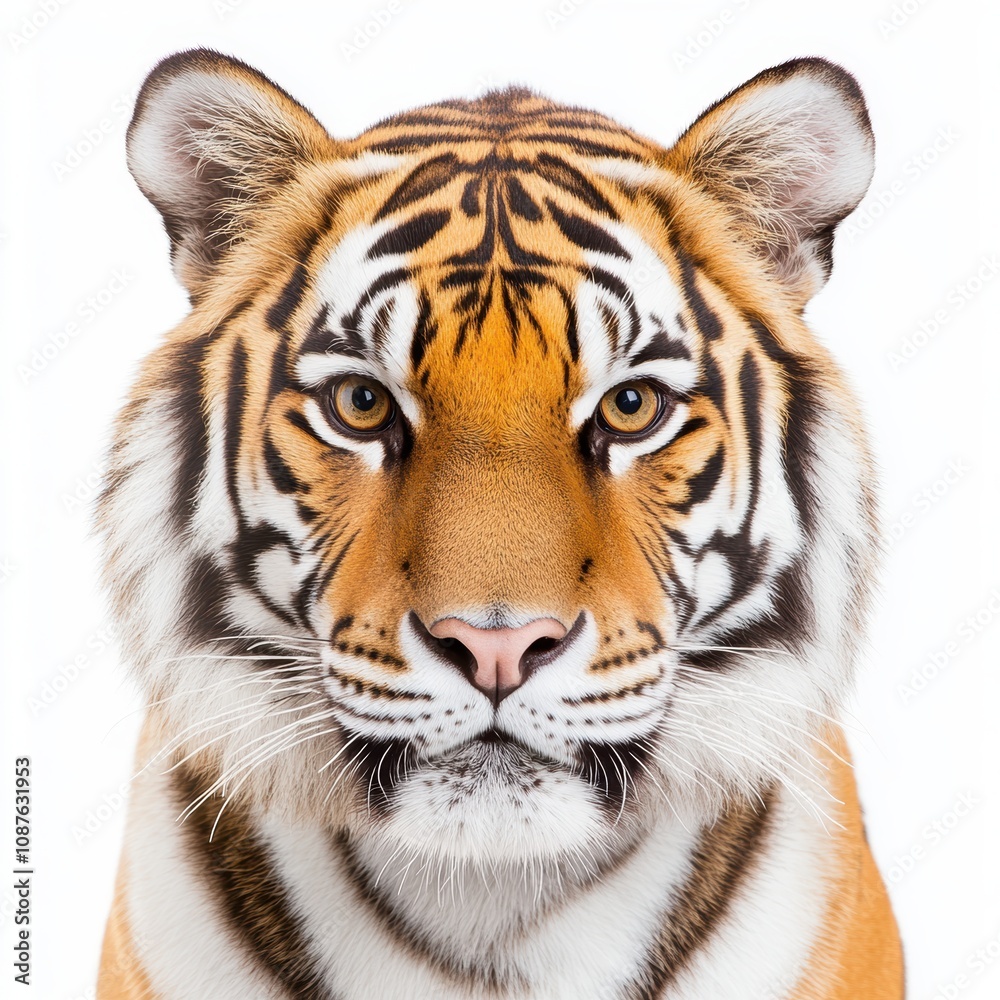 Close-up portrait of a majestic tiger against a white isolate background. Close-up portrait of a majestic tiger against a white isolate background.