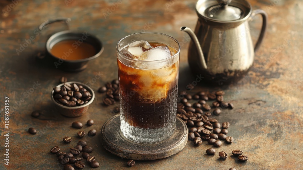 Enjoying a glass of Vietnamese iced coffee with coffee beans and condensed milk on a rustic table Enjoying a glass of Vietnamese iced coffee with coffee beans and condensed milk on a rustic table