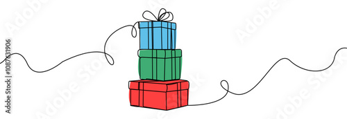 Gift box one line drawing. Continuous one line gift box.Presents with ribbon bow.Hand drawn greeting present box.Line art christmas surprise. Gift boxes stack