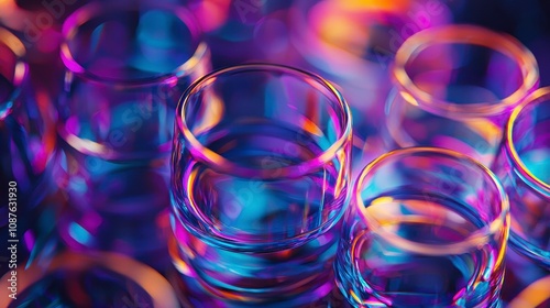 Colorful glass containers with reflections and vibrant lighting effects