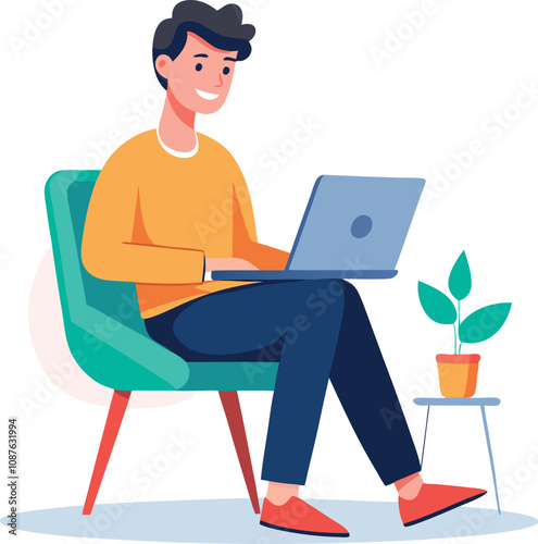 a boy is using his laptop vector