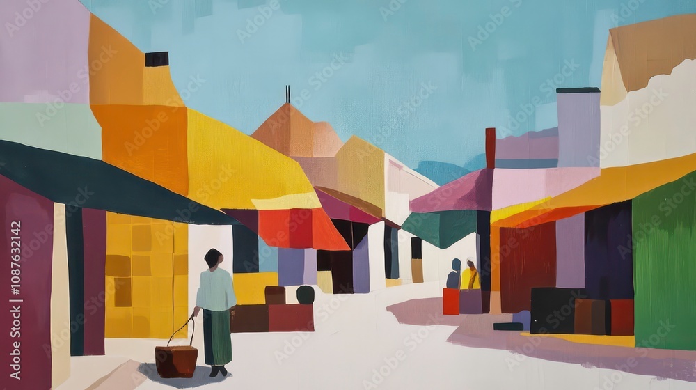 Fototapeta premium Abstract painting of a vibrant street scene with a woman carrying a basket, buildings with colorful awnings, and people interacting.