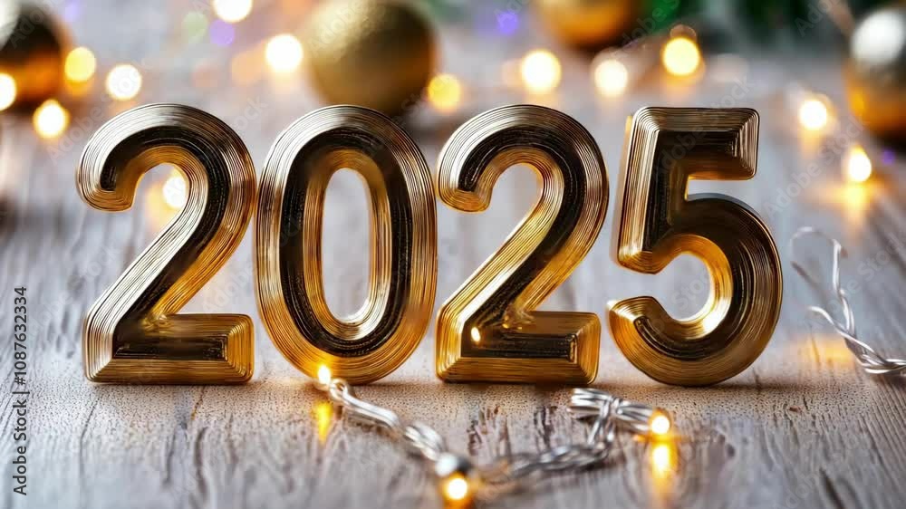 Glowing 2025 celebration with festive lights and golden ornaments