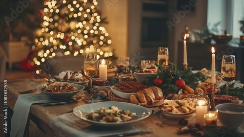 Festive Christmas Dinner Table with Candles and Food